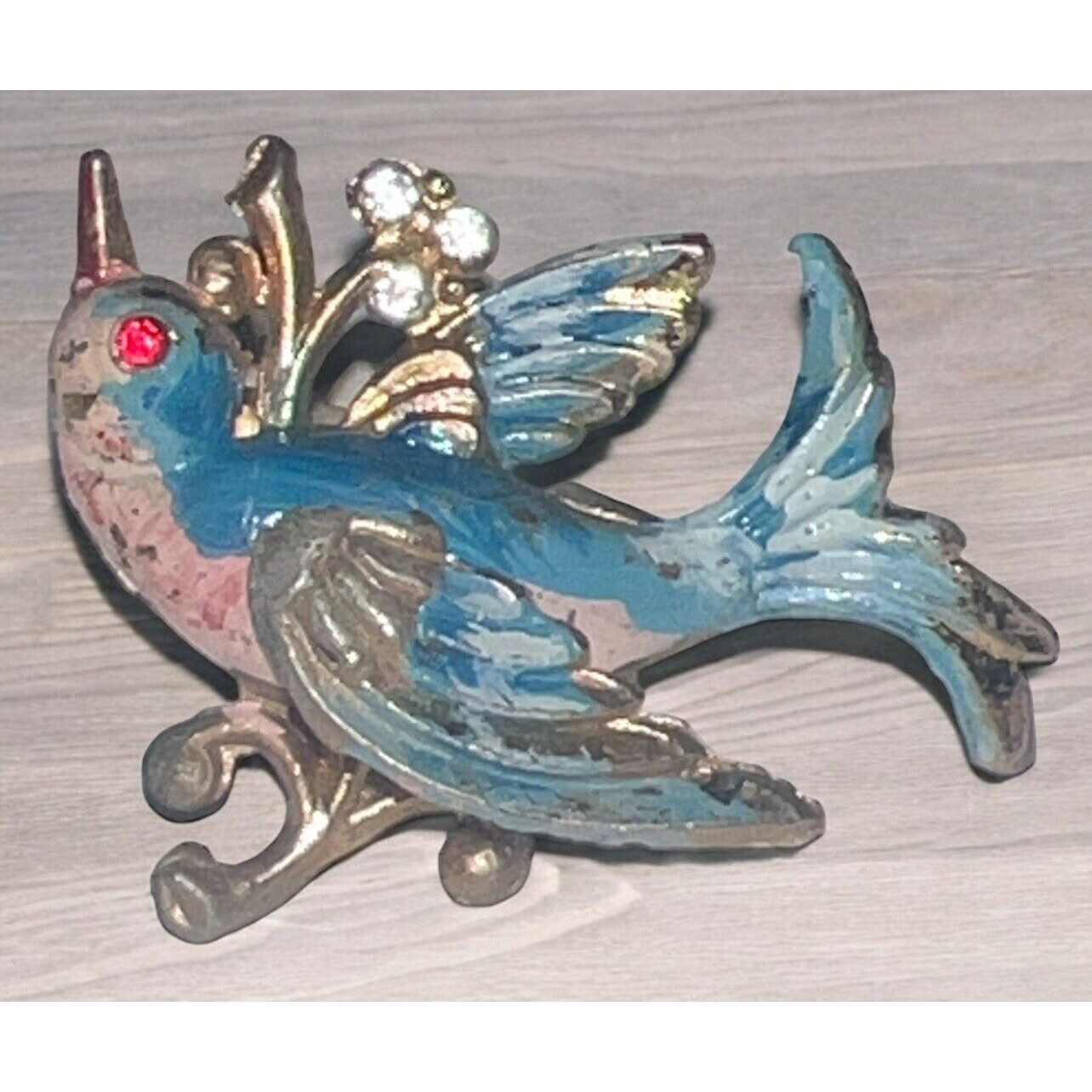 Vintage 50's Bird Ring Size 5 Enamel & Rhinestones Blue Pink